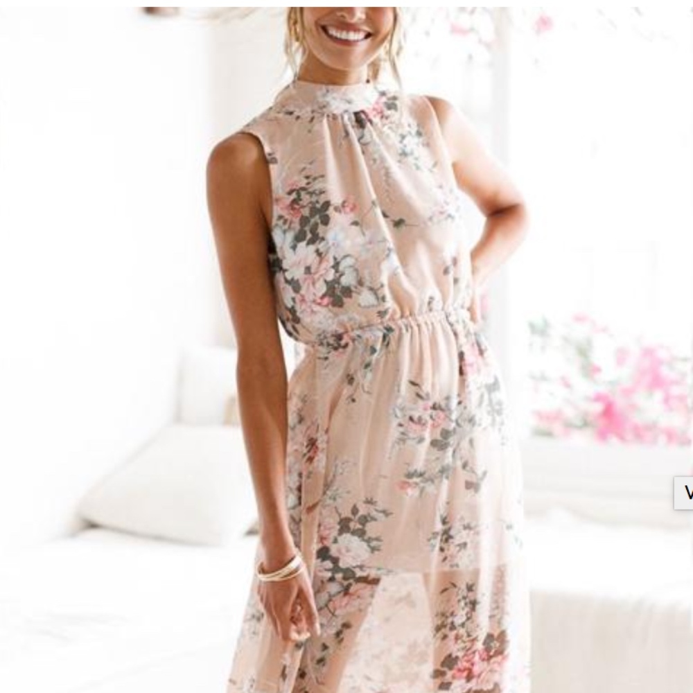 Round Neck Floral Printed Side Slit Maxi Dress